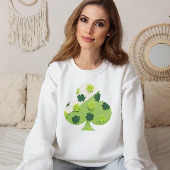 Clover Sweatshirt for Saint Patrick's Day Color White Green Shamrock - Picture 2 of 4
